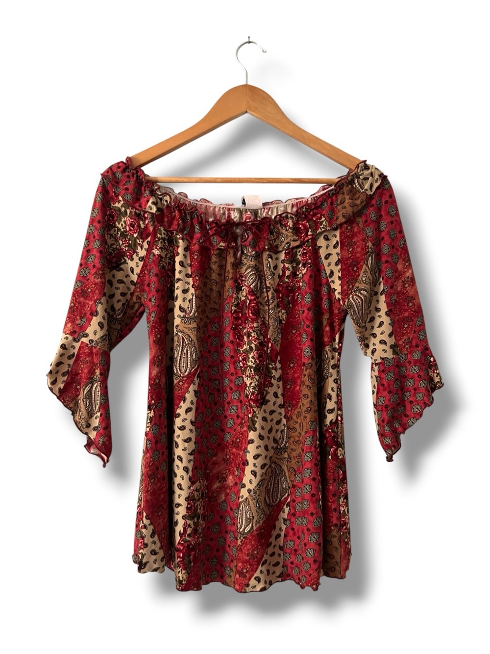 Vintage Y2K Michele USA Patchwork Peasant Top Bell Sleeve Whimsigoth Large